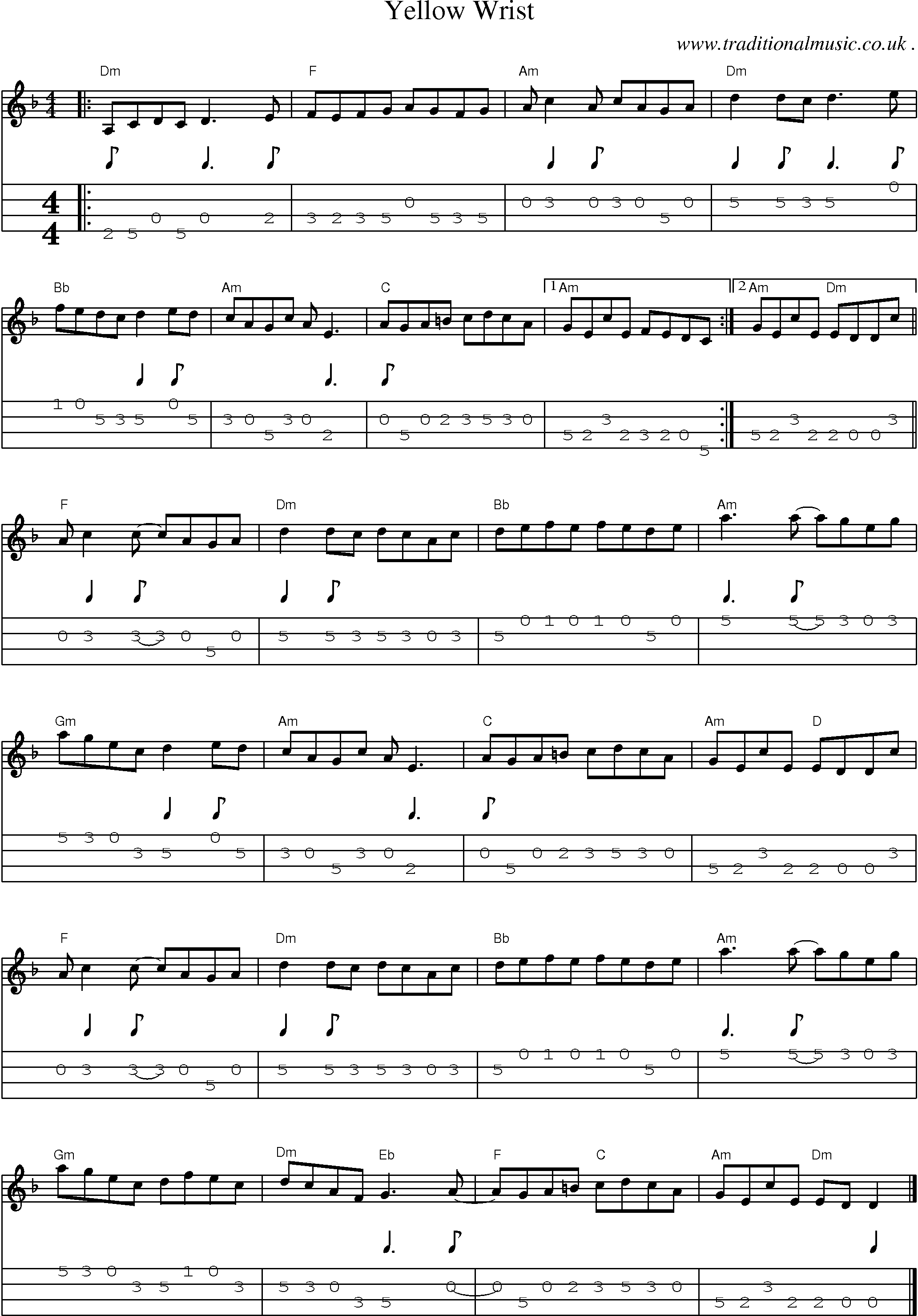 Music Score and Guitar Tabs for Yellow Wrist