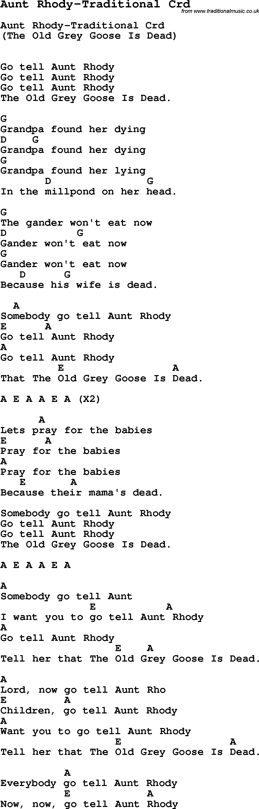 Skiffle Song Lyrics for Aunt Rhody-Traditional with chords for Mandolin, Ukulele, Guitar, Banjo etc.