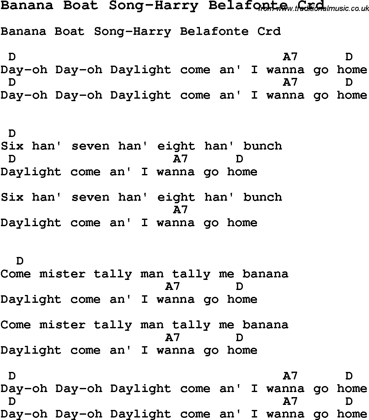 Skiffle Song Lyrics for Banana Boat Song-Harry Belafonte with chords for Mandolin, Ukulele, Guitar, Banjo etc.