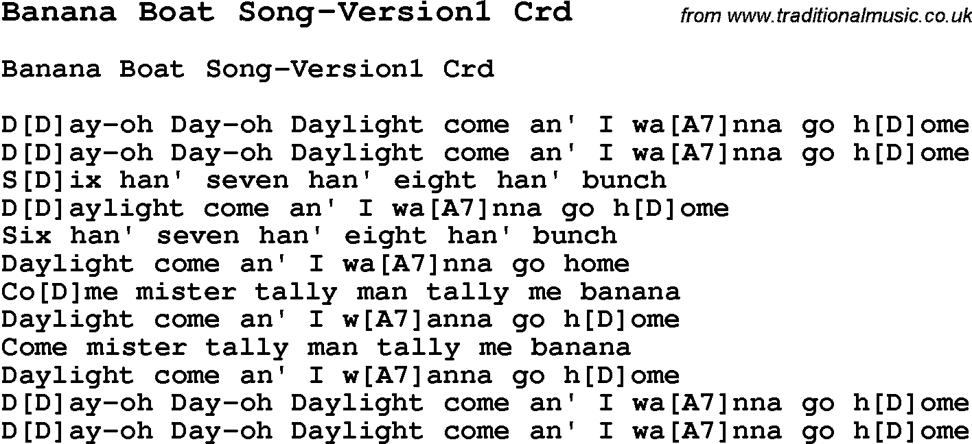 Skiffle Song Lyrics for Banana Boat Song-Version1 with chords for Mandolin, Ukulele, Guitar, Banjo etc.