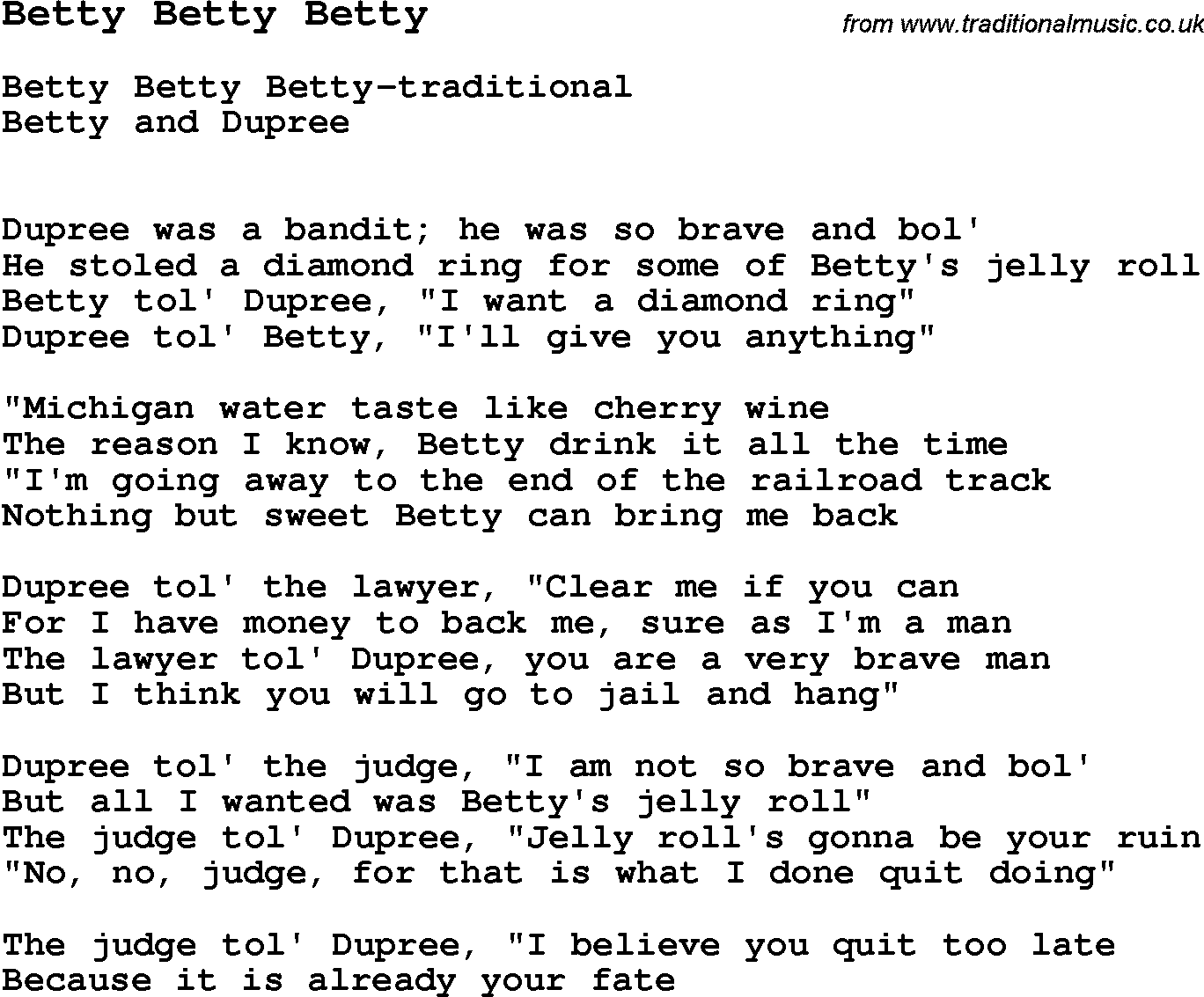 Skiffle Song Lyrics for Betty Betty Betty.