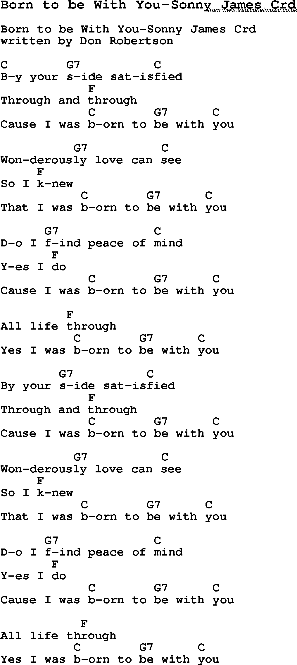 Skiffle Song Lyrics for Born To Be With You-Sonny James with chords for Mandolin, Ukulele, Guitar, Banjo etc.