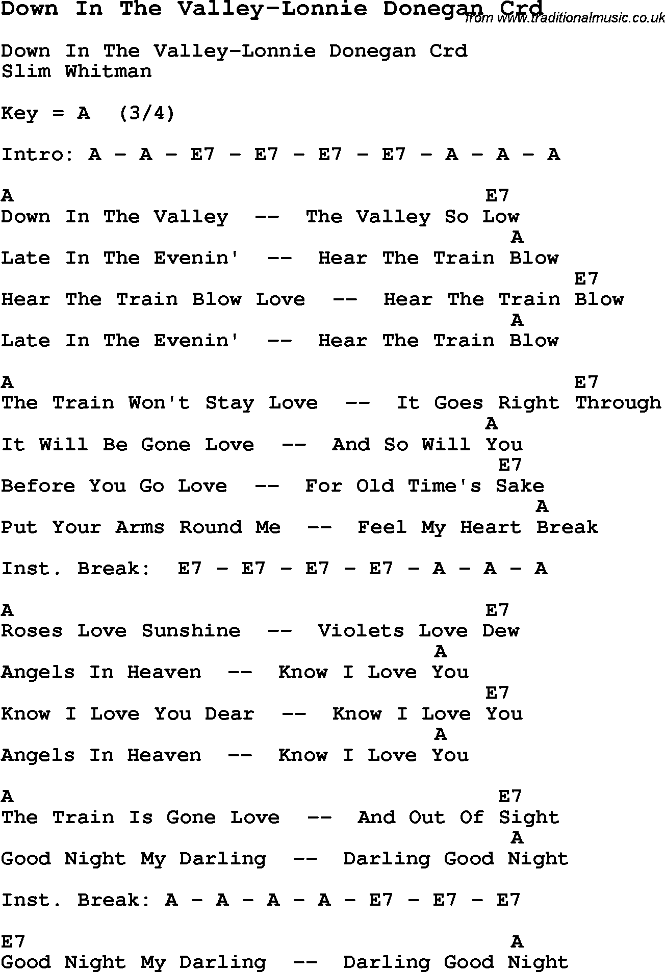 Skiffle Song Lyrics for Down In The Valley-Lonnie Donegan with chords for Mandolin, Ukulele, Guitar, Banjo etc.