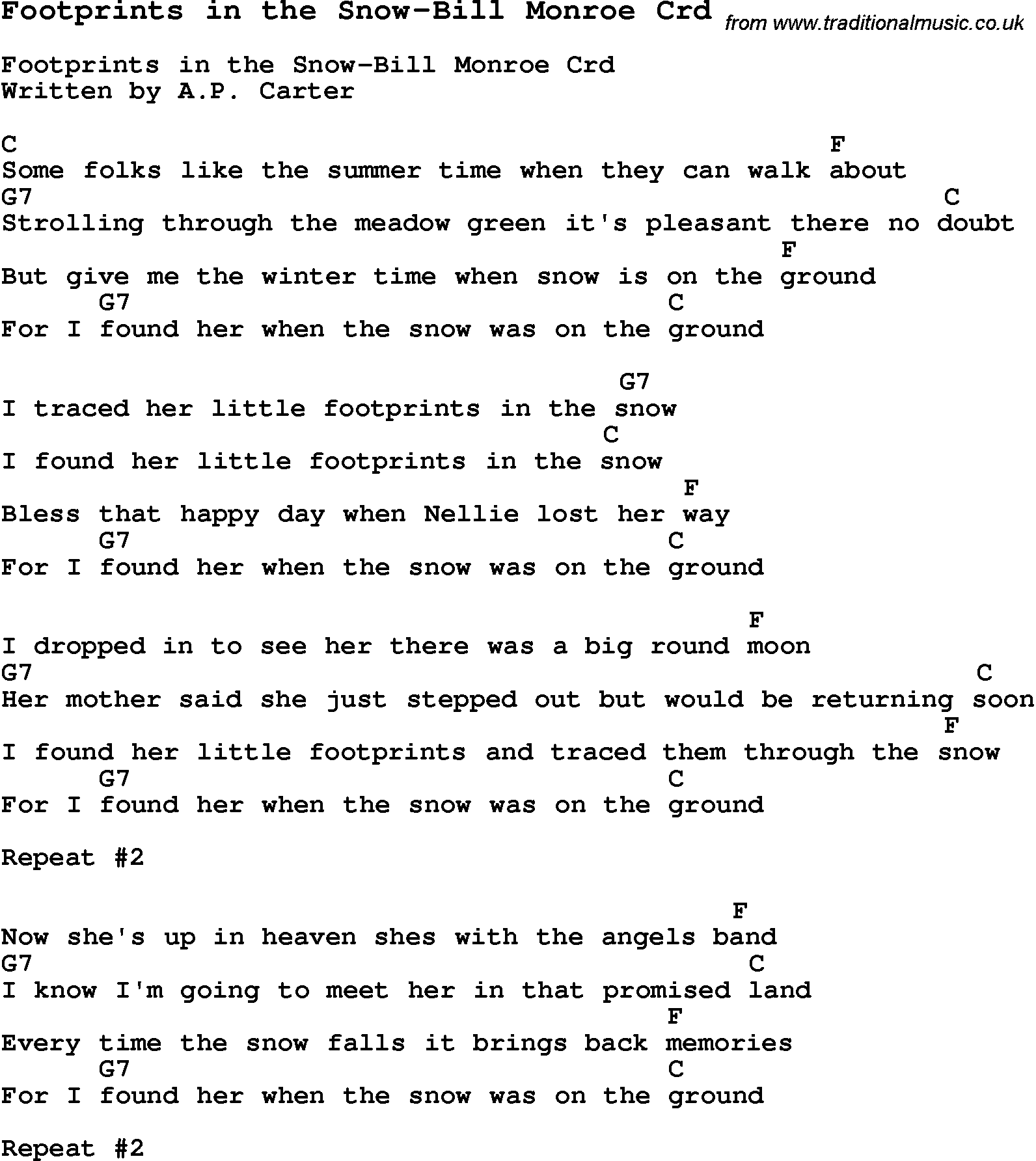 Skiffle Song Lyrics for Footprints In The Snow-Bill Monroe with chords for Mandolin, Ukulele, Guitar, Banjo etc.