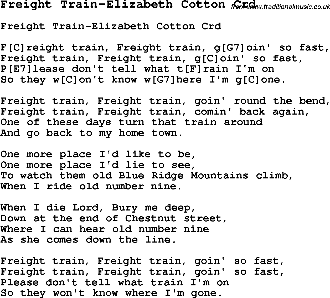 Skiffle Song Lyrics for Freight Train-Elizabeth Cotton with chords for Mandolin, Ukulele, Guitar, Banjo etc.