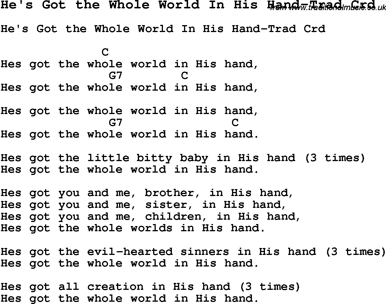 Skiffle Song Lyrics for He's Got The Whole World In His Hand-Trad with chords for Mandolin, Ukulele, Guitar, Banjo etc.