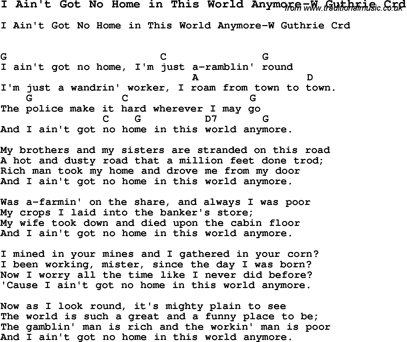 Skiffle Song Lyrics for I Ain't Got No Home In This World Anymore-W Guthrie with chords for Mandolin, Ukulele, Guitar, Banjo etc.