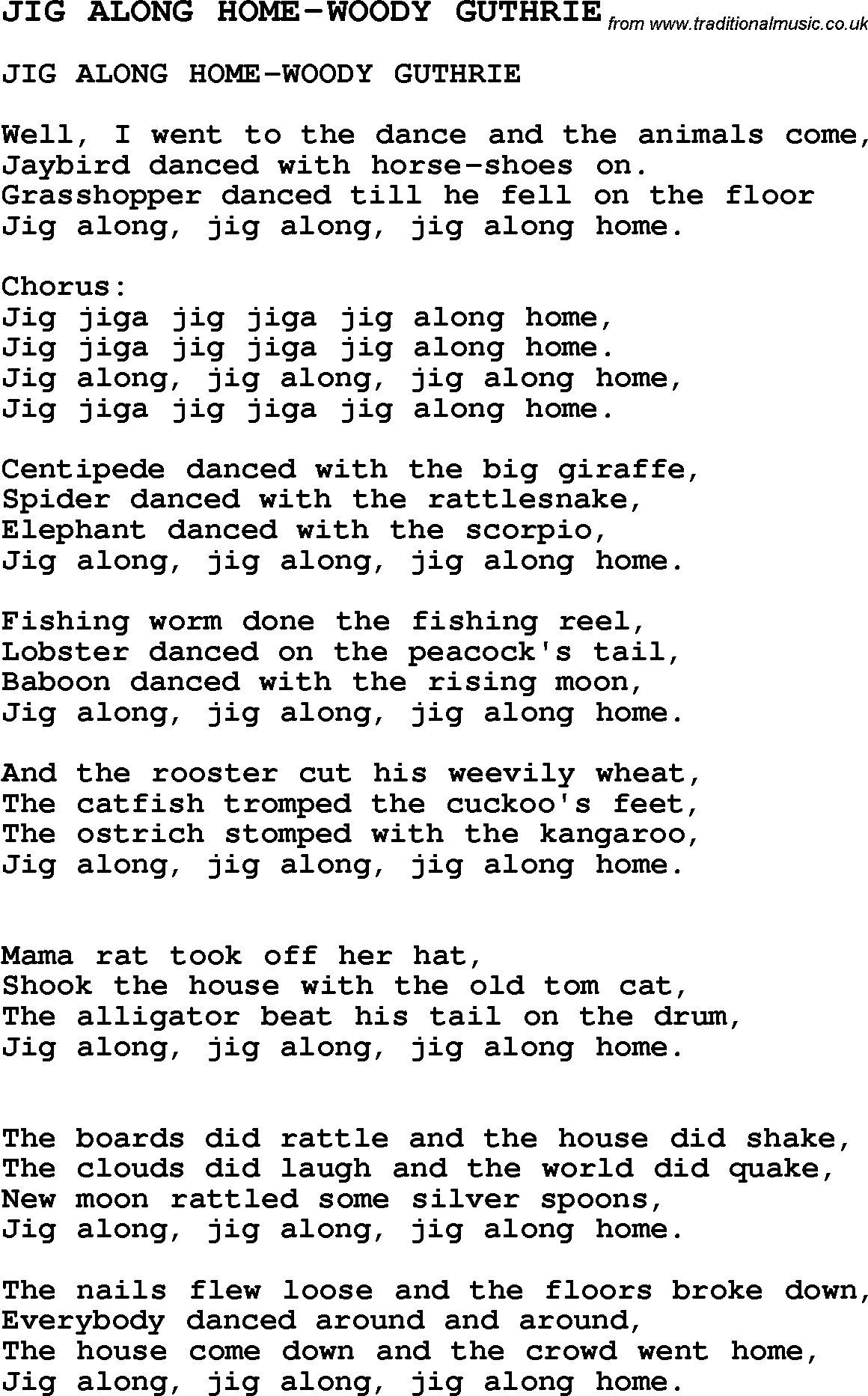 Skiffle Song Lyrics for Jig Along Home-Woody Guthrie.