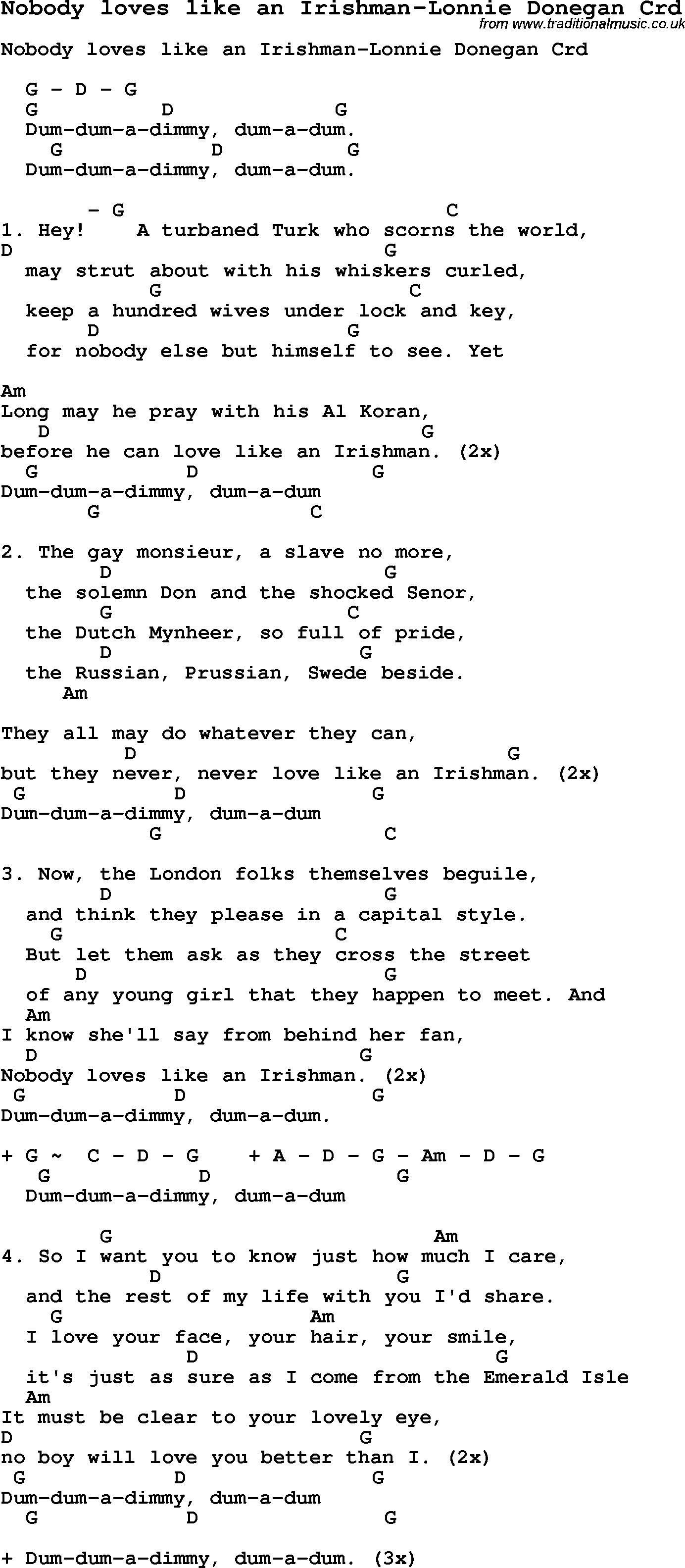 Skiffle Song Lyrics for Nobody Loves Like An Irishman-Lonnie Donegan with chords for Mandolin, Ukulele, Guitar, Banjo etc.