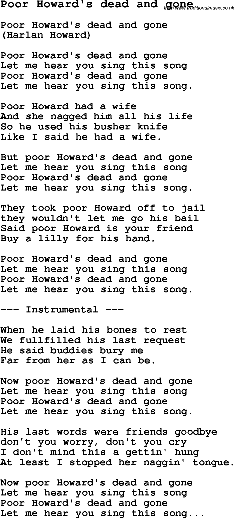 Skiffle Song Lyrics for Poor Howard's Dead And Gone.