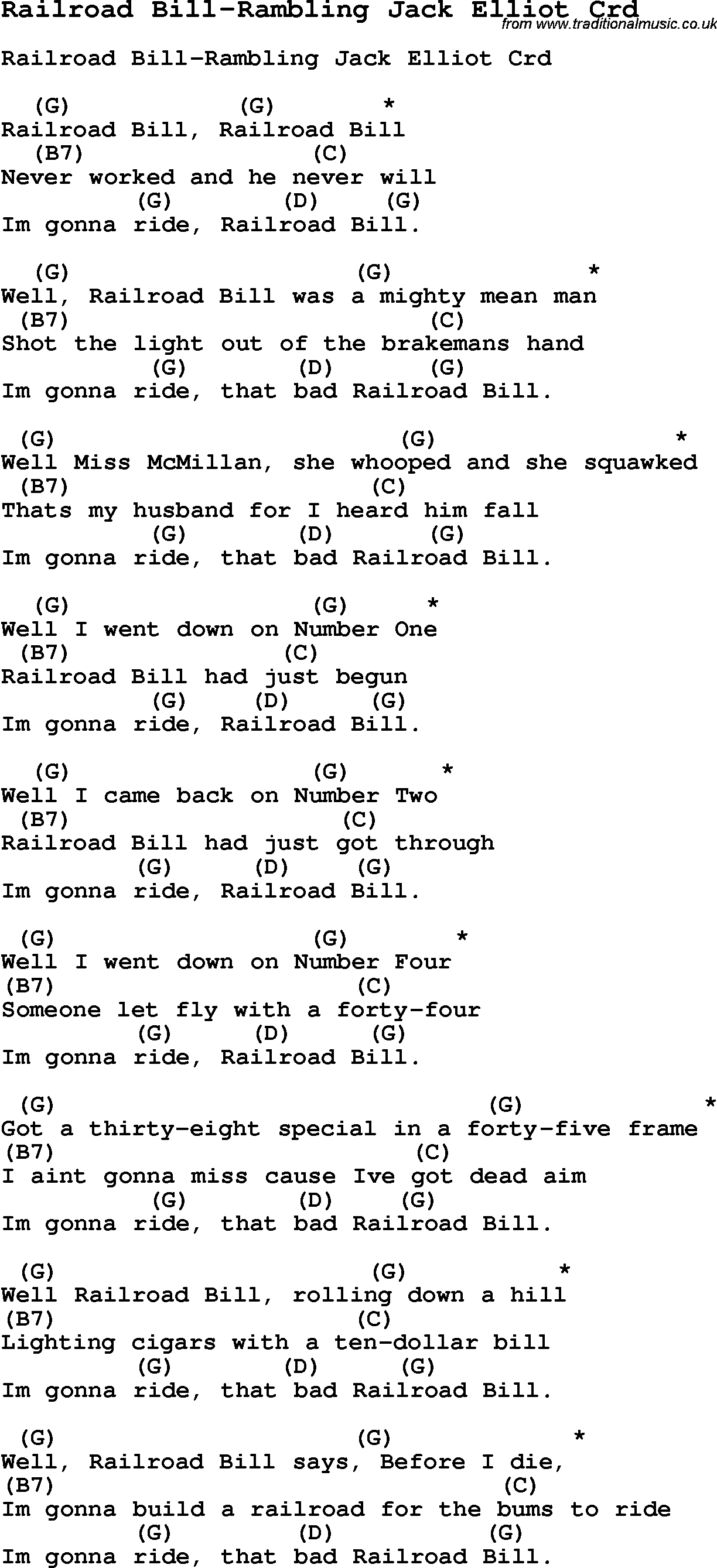 Skiffle Song Lyrics for Railroad Bill-Rambling Jack Elliot with chords for Mandolin, Ukulele, Guitar, Banjo etc.