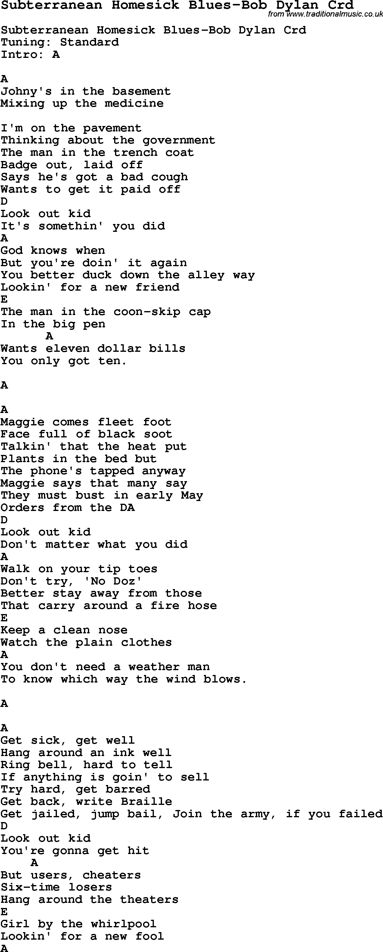 Skiffle Song Lyrics for Subterranean Homesick Blues-Bob Dylan with chords for Mandolin, Ukulele, Guitar, Banjo etc.