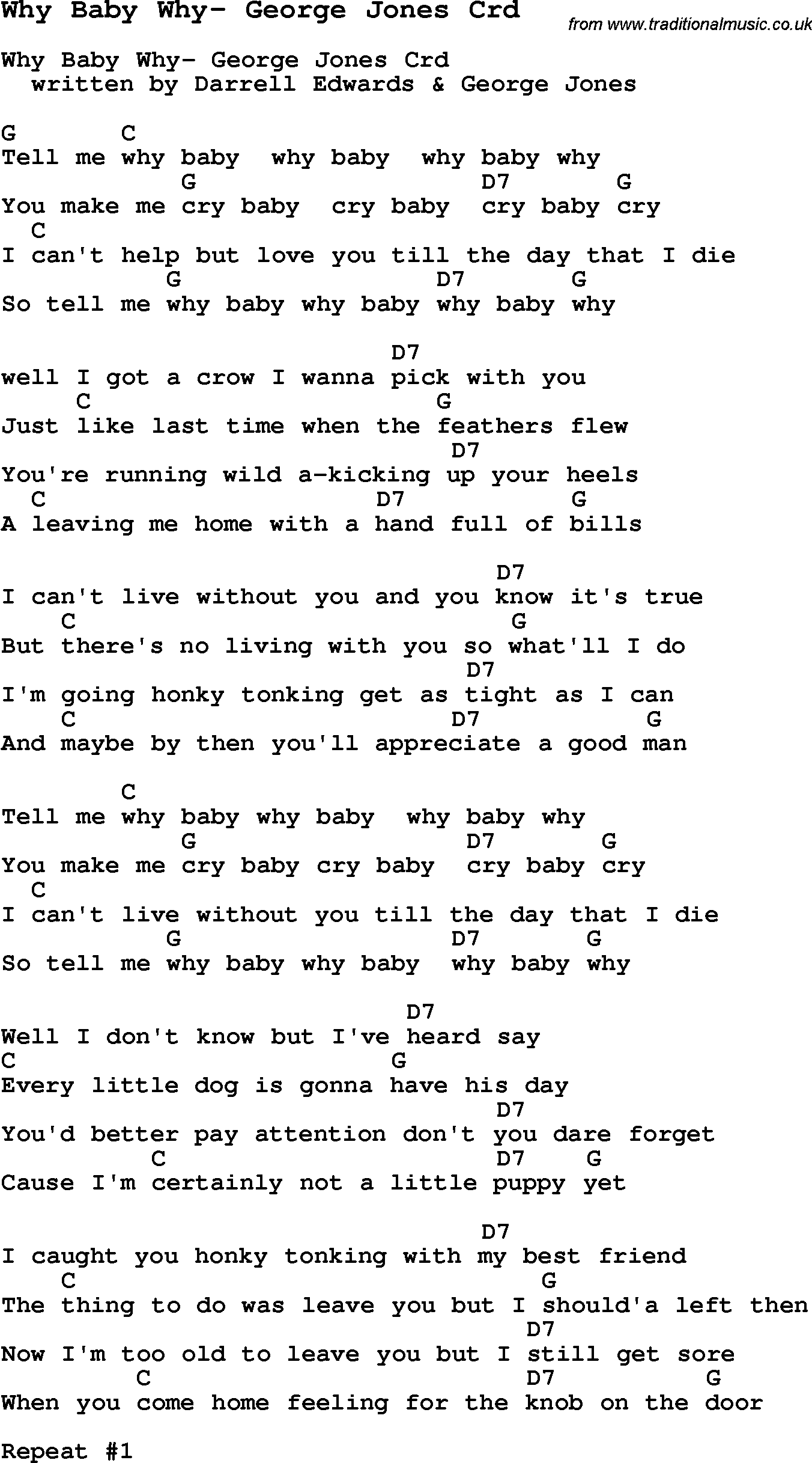 Skiffle Song Lyrics for Why Baby Why-George Jones with chords for Mandolin, Ukulele, Guitar, Banjo etc.