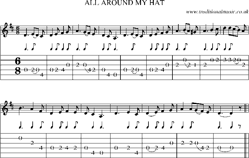 Guitar Tab and Sheet Music for All Around My Hat