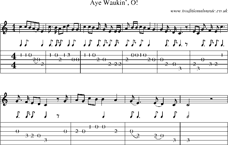 Guitar Tab and Sheet Music for Aye Waukin', O!