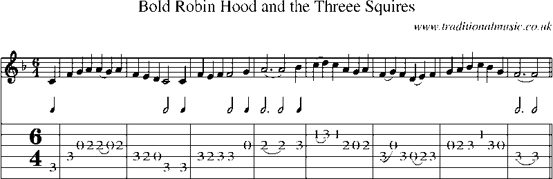 Guitar Tab and Sheet Music for Bold Robin Hood And The Threee Squires