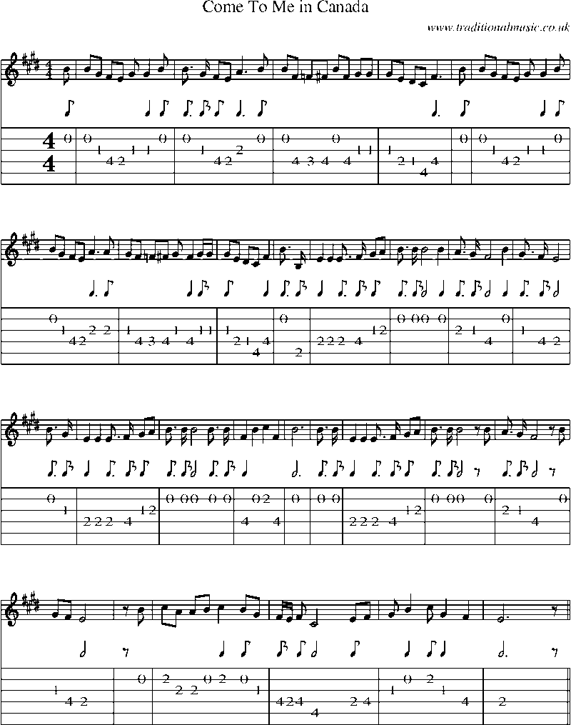 Guitar Tab and Sheet Music for Come To Me In Canada