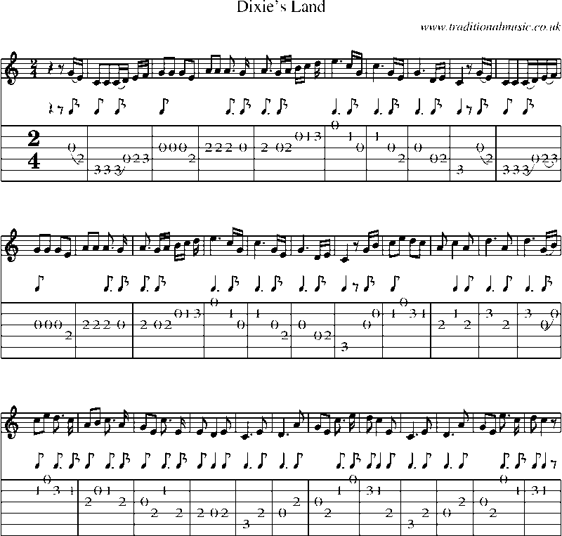 Guitar Tab and Sheet Music for Dixie's Land