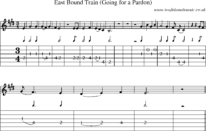 Guitar Tab and Sheet Music for East Bound Train (going For A Pardon)