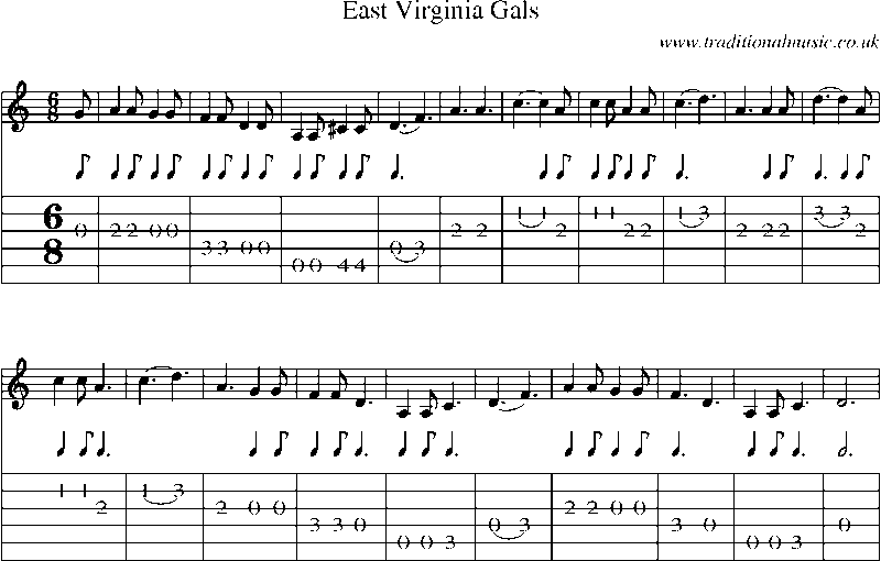 Guitar Tab and Sheet Music for East Virginia Gals