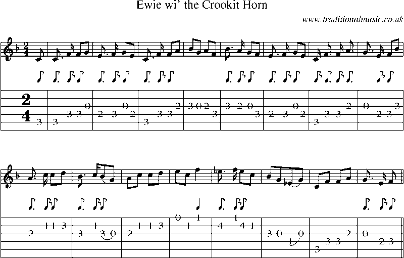 Guitar Tab and Sheet Music for Ewie Wi' The Crookit Horn