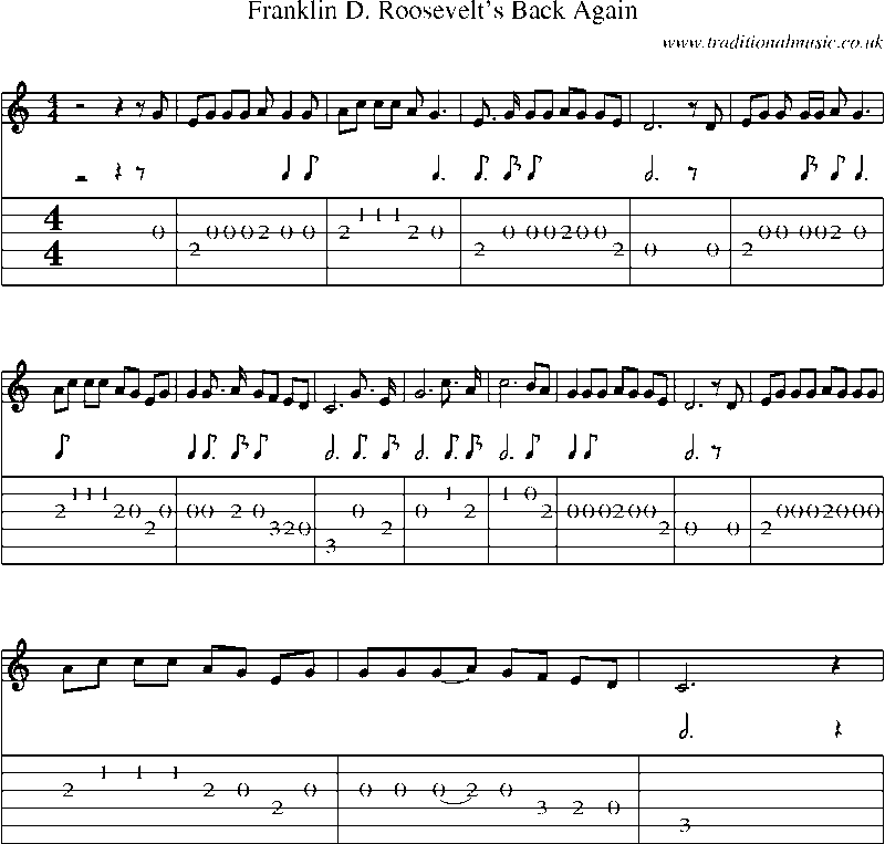 Guitar Tab and Sheet Music for Franklin D. Roosevelt's Back Again