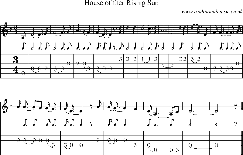 Guitar Tab and Sheet Music for House Of Ther Rising Sun