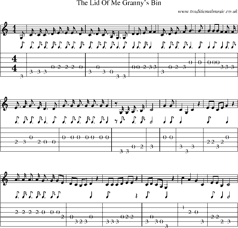 Guitar Tab and Sheet Music for The Lid Of Me Granny's Bin
