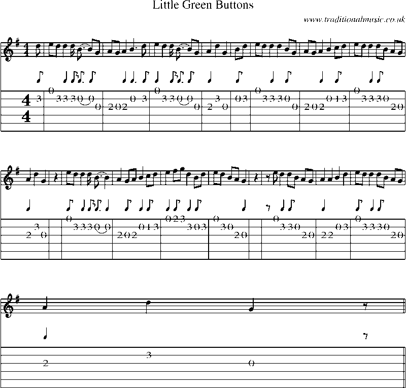 Guitar Tab and Sheet Music for Little Green Buttons