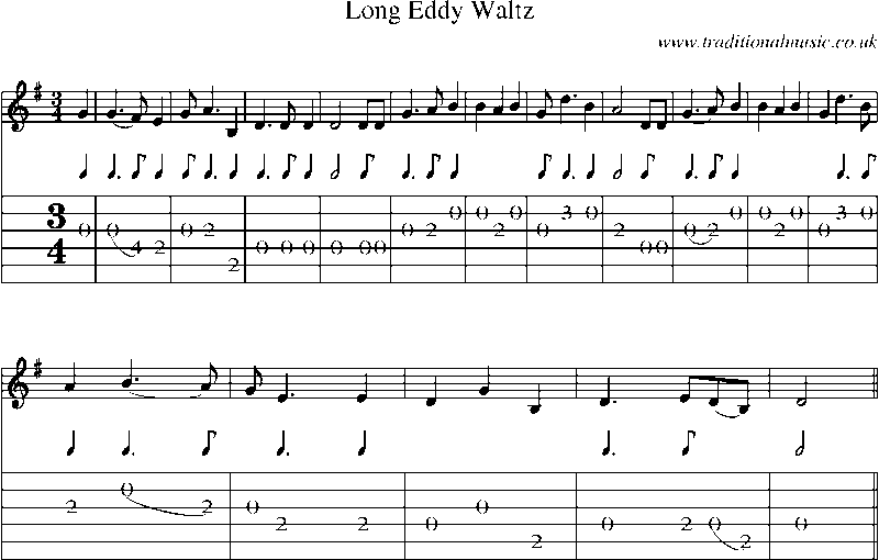 Guitar Tab and Sheet Music for Long Eddy Waltz