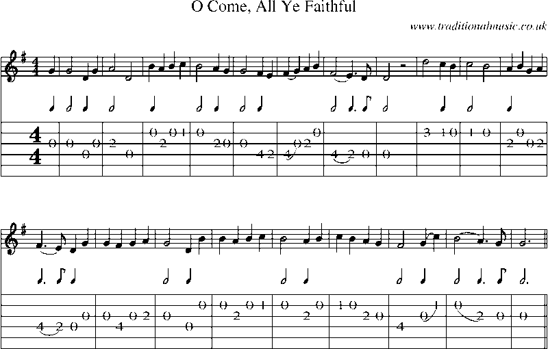 Guitar Tab and Sheet Music for O Come, All Ye Faithful