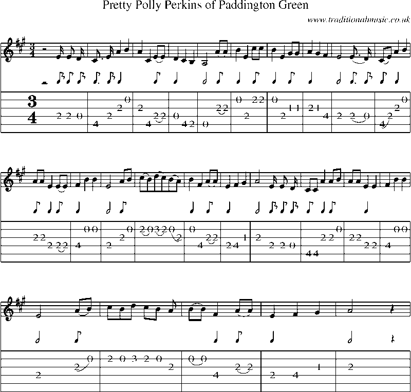 Guitar Tab and Sheet Music for Pretty Polly Perkins Of Paddington Green
