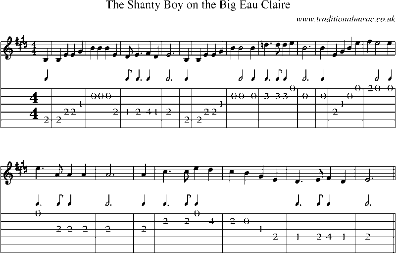 Guitar Tab and Sheet Music for The Shanty Boy On The Big Eau Claire