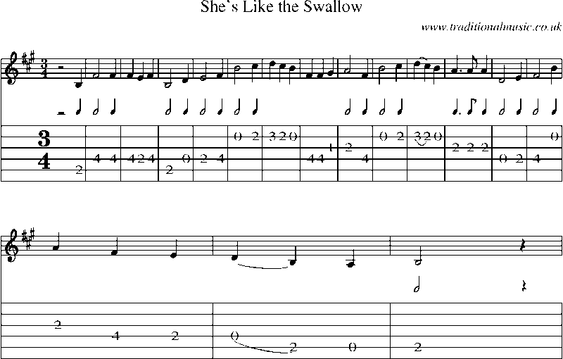 Guitar Tab and Sheet Music for She's Like The Swallow