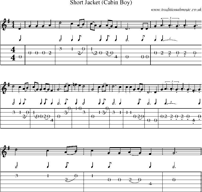 Guitar Tab and Sheet Music for Short Jacket (cabin Boy)