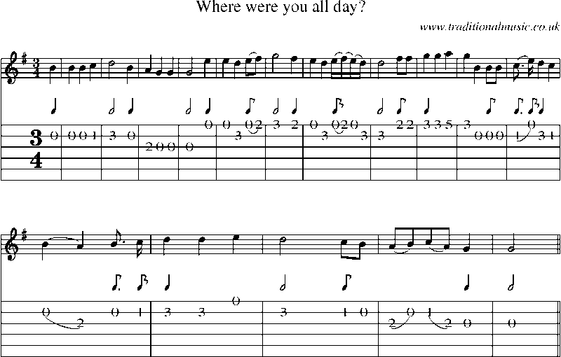 Guitar Tab and Sheet Music for Where Were You All Day?