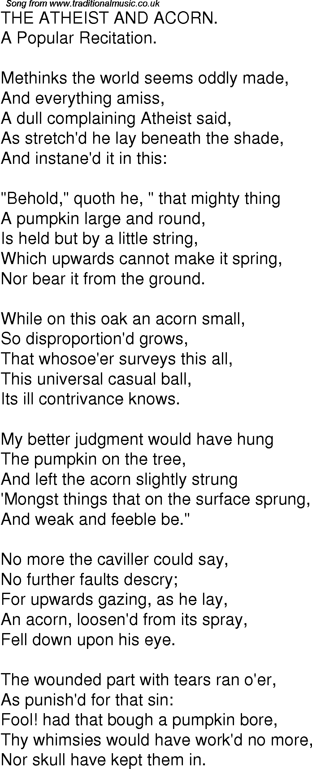 Old Time Song Lyrics for 03 The Atheist And Acorn