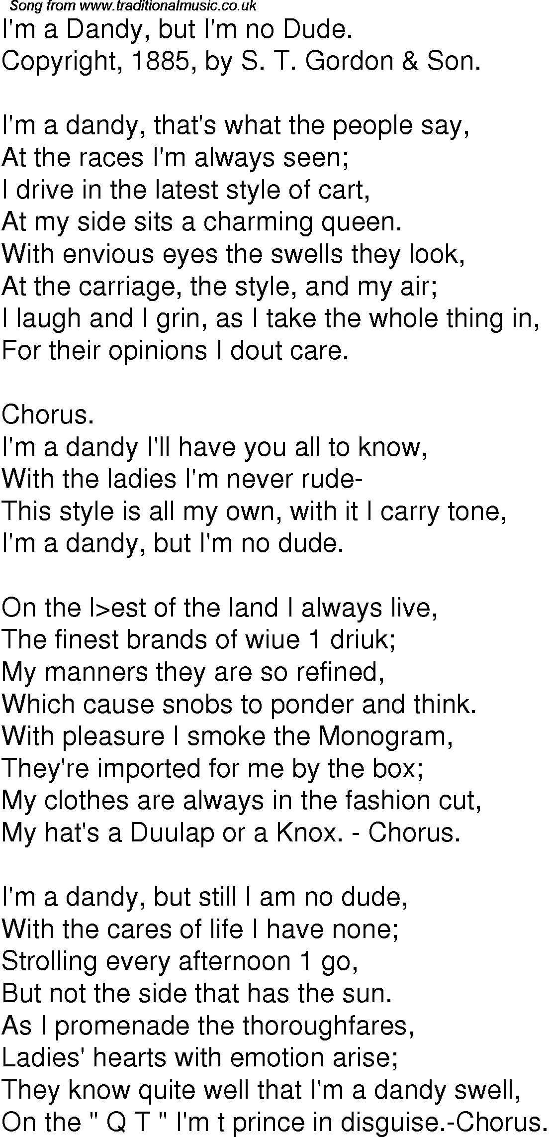Old Time Song Lyrics for 09 I'm A Dandy But I'm No Dude