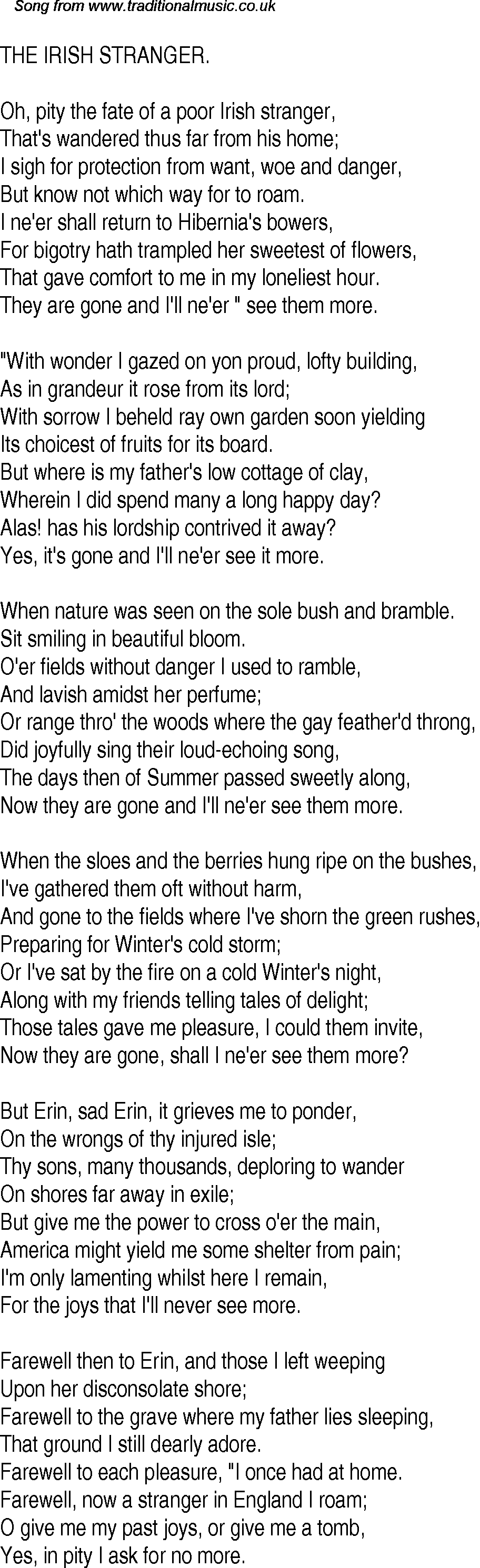 old time song lyrics for 11 the irish stranger