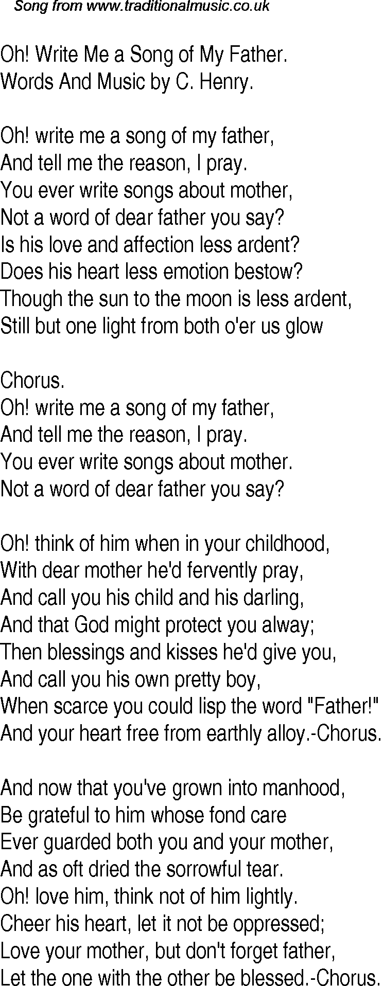 Old Time Song Lyrics for 23 Oh Write Me A Song Of My Father