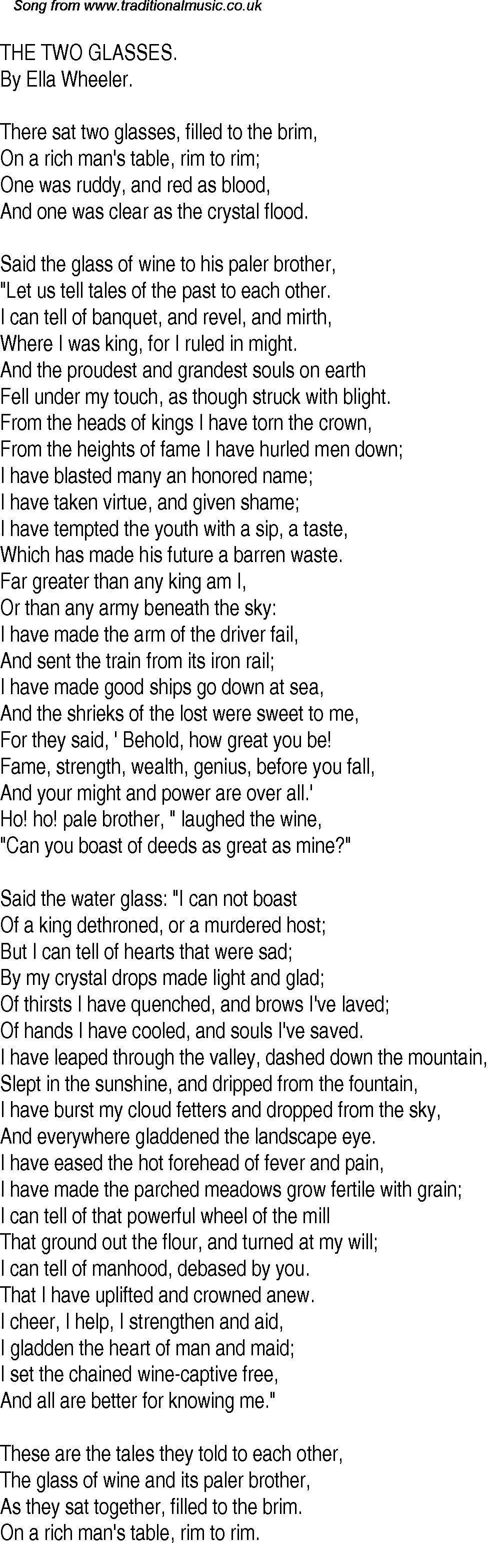 Old Time Song Lyrics for 25 The Two Glasses