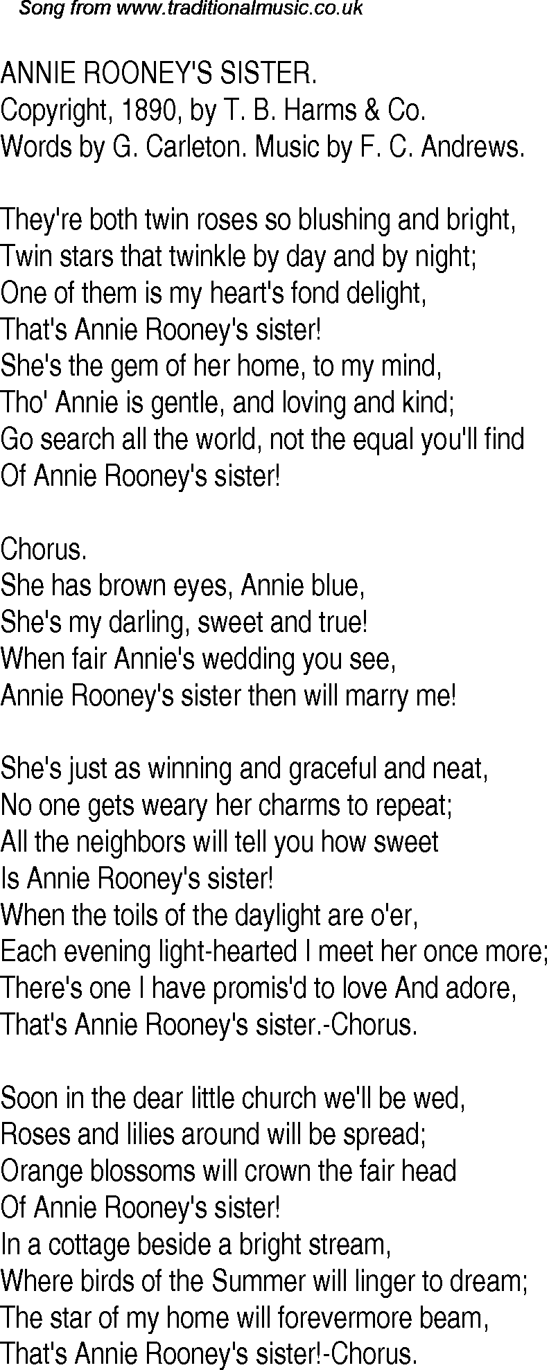 Old Time Song Lyrics for 26 Annie Rooneys Sister