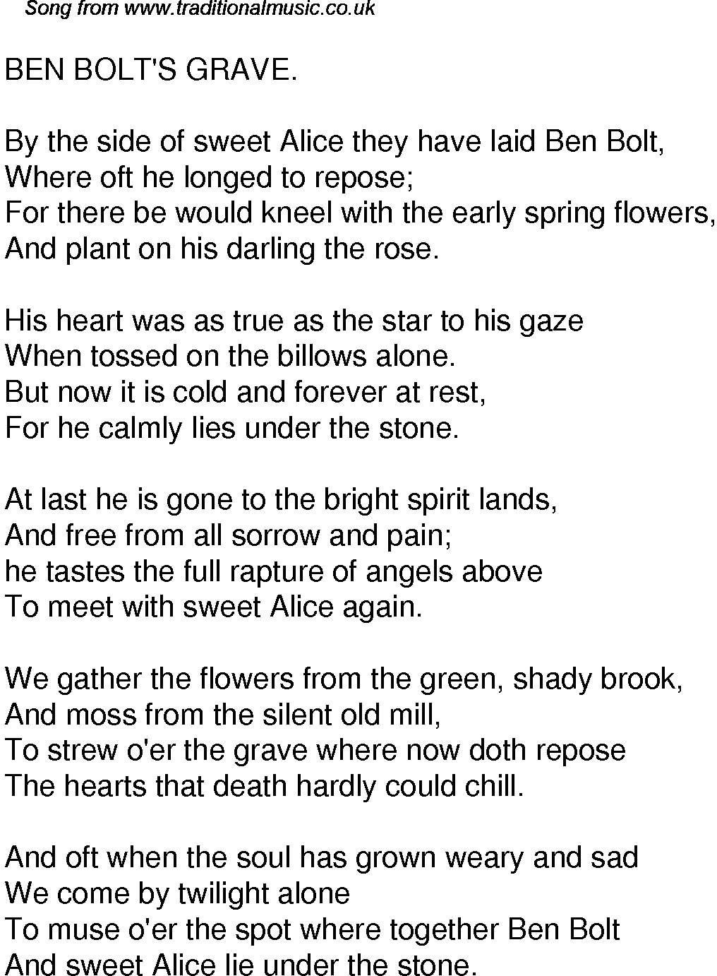 Old Time Song Lyrics for 33 Ben Bolts Grave