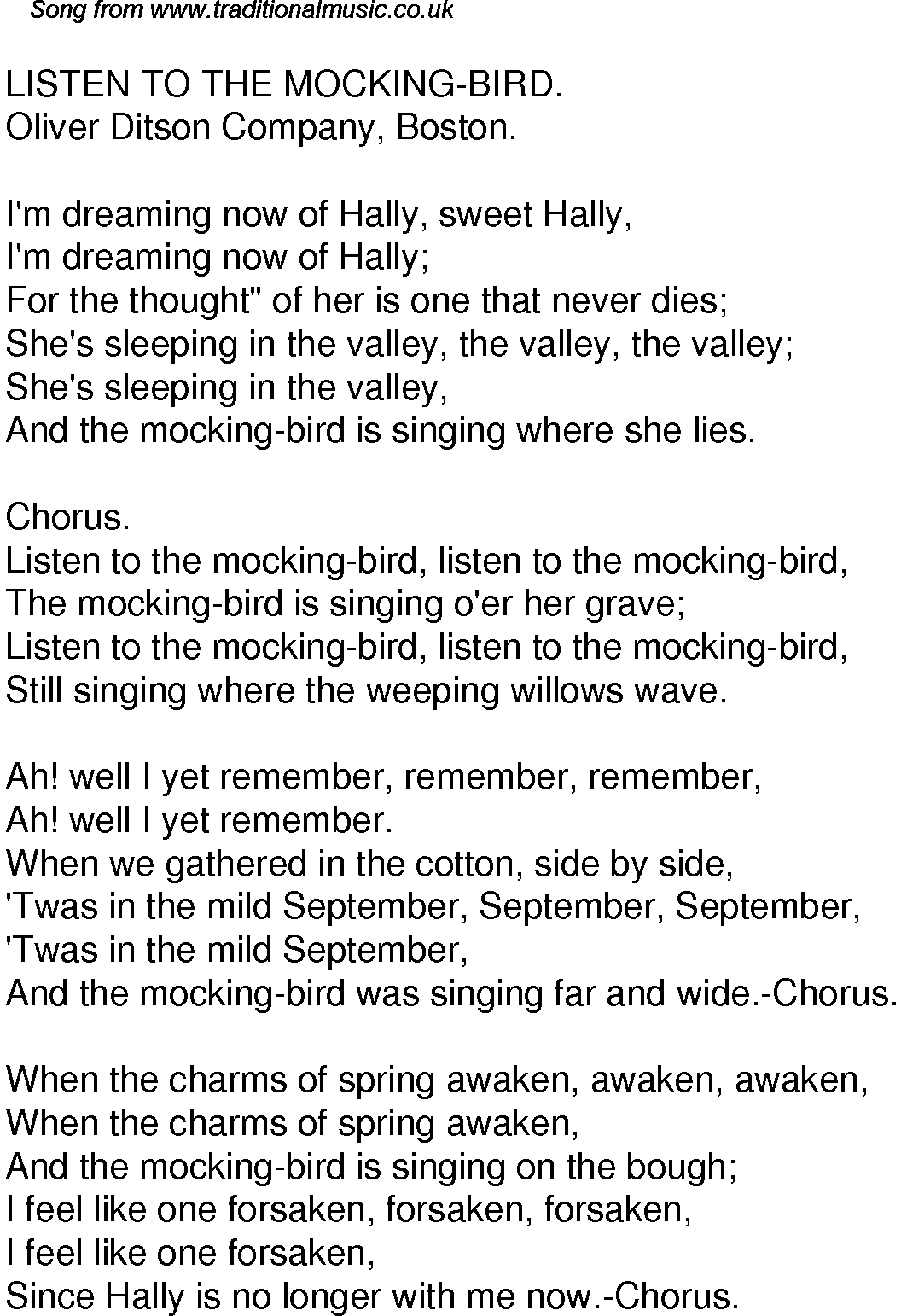 Old Time Song Lyrics for 59 Listen To The Mockingbird