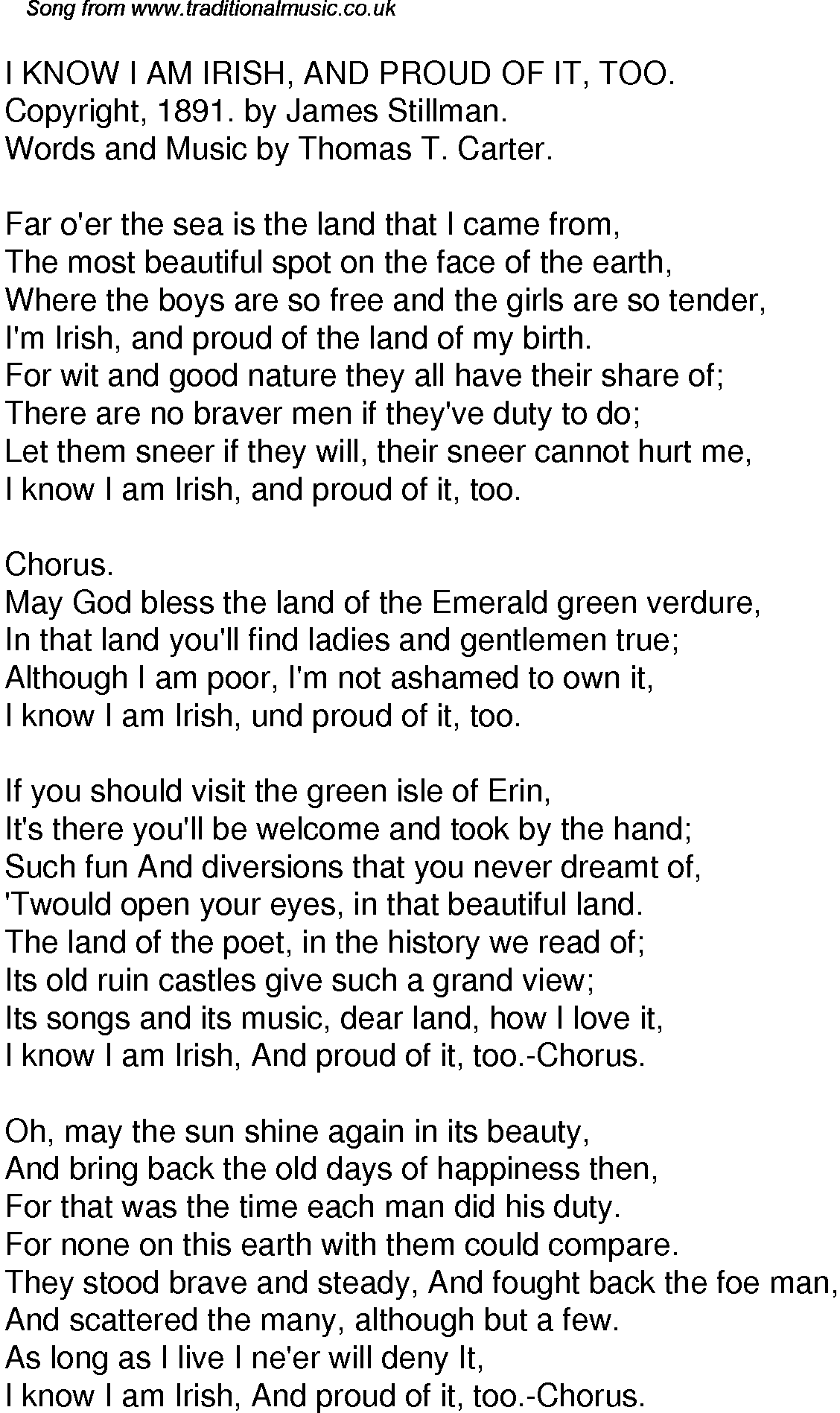 Old Time Song Lyrics for 34 I Know I Am Irish And Proud Of It Too