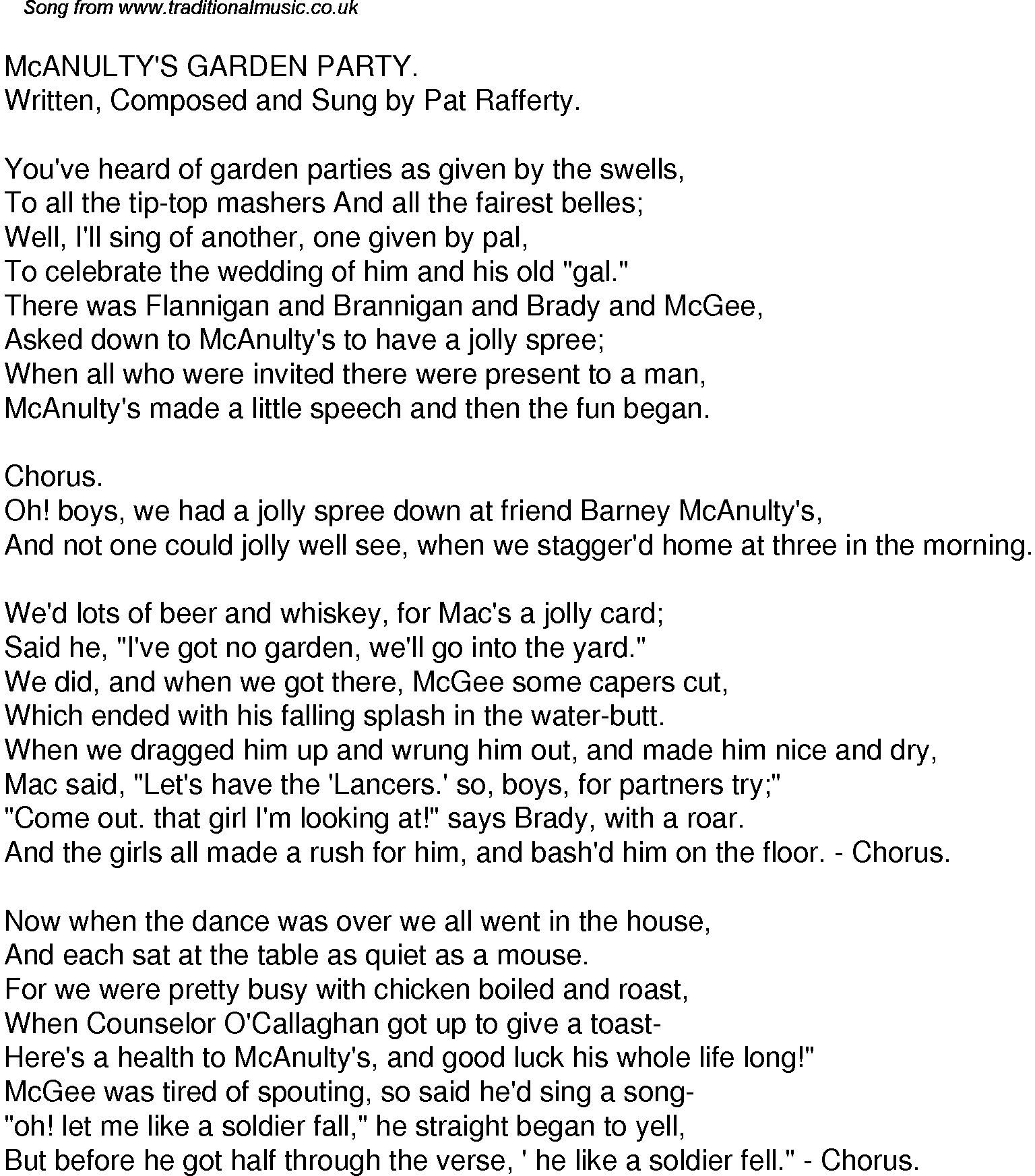 Old Time Song Lyrics for 35 Mcanultys Garden Party