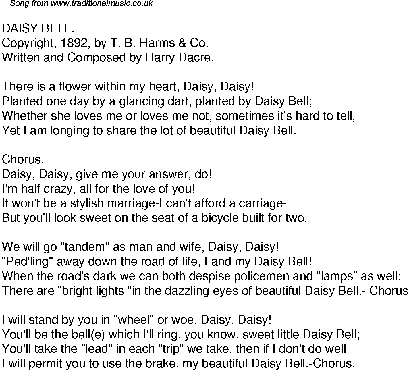 1940s Top Songs: lyrics for Daisy Bell