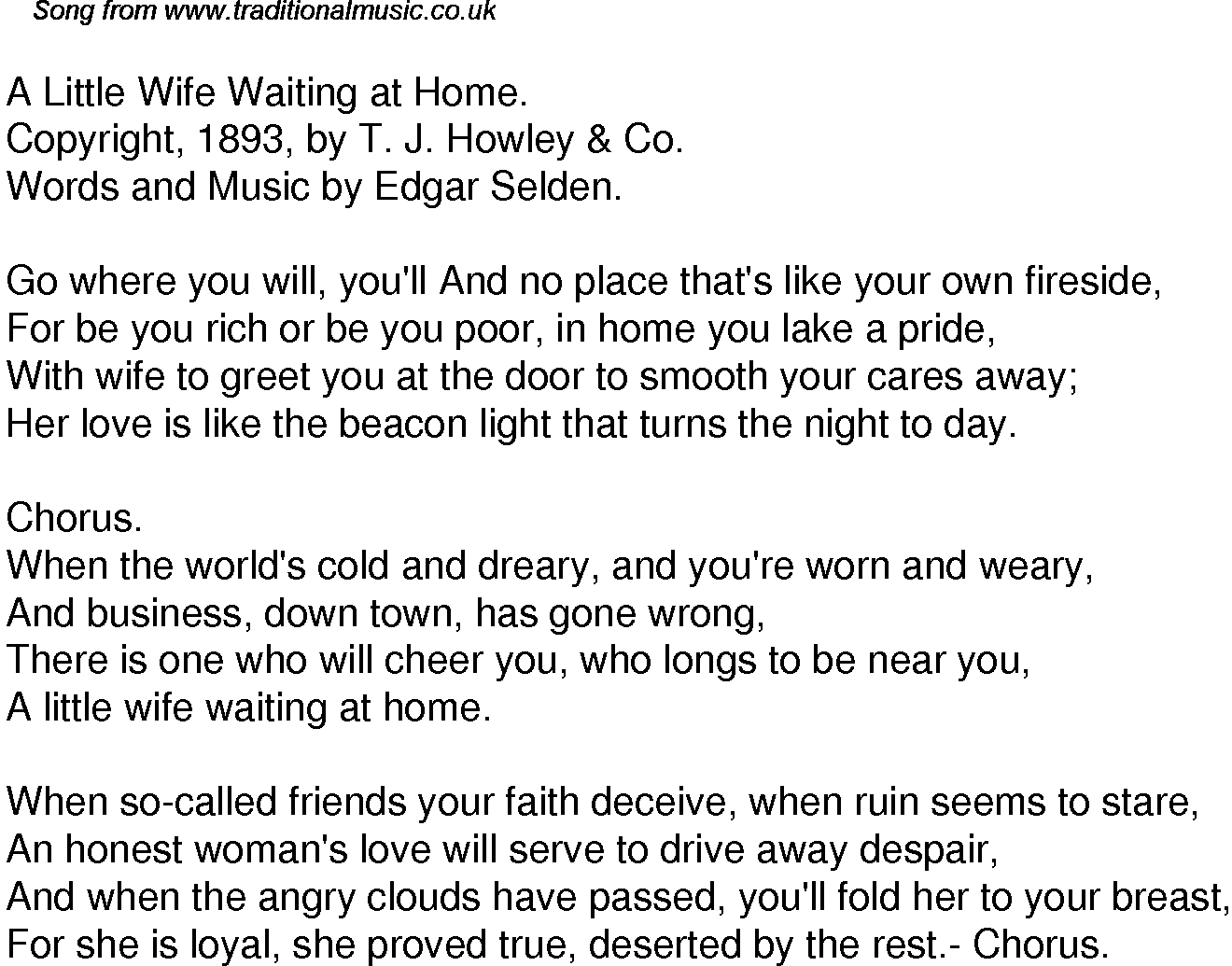 Old Time Song Lyrics for 41 A Little Wife Waiting At Home