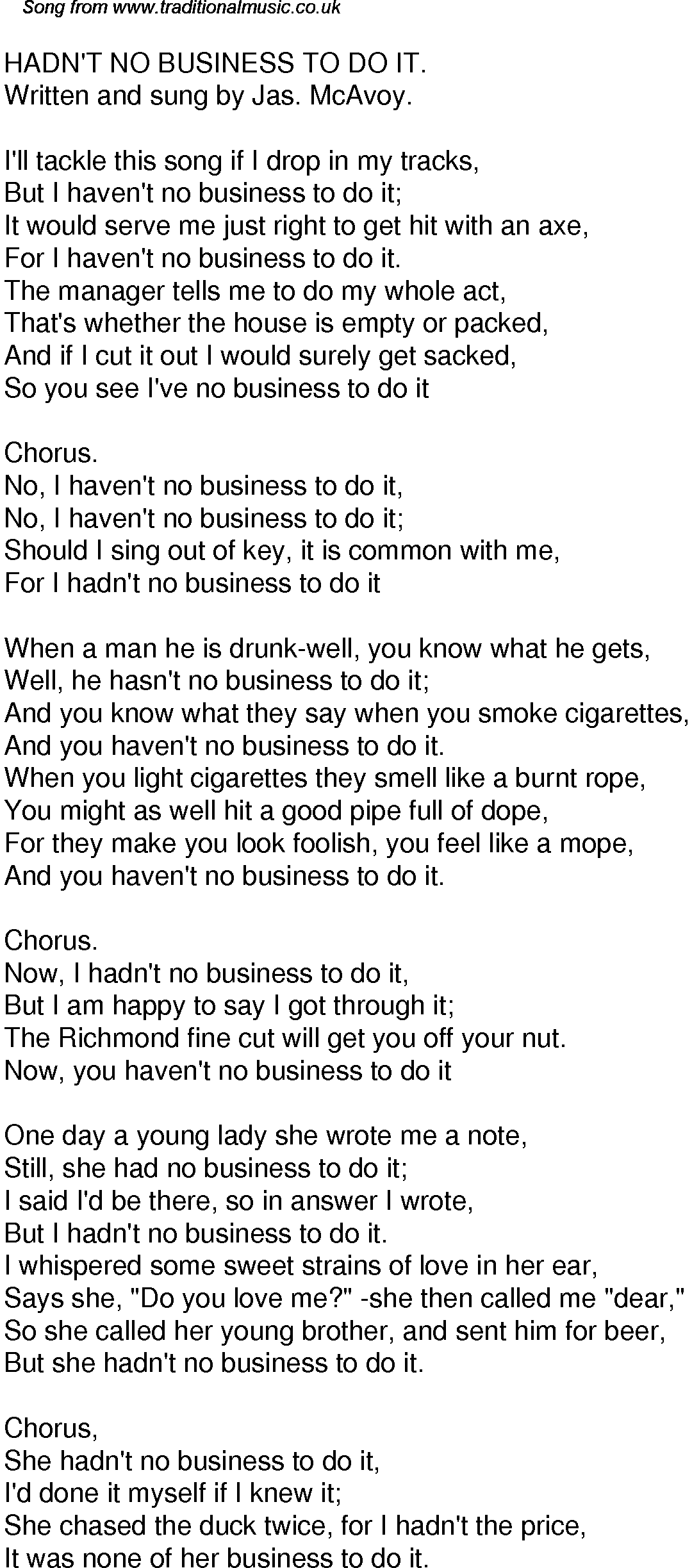 Old Time Song Lyrics for 42 Hadnt No Business To Do It