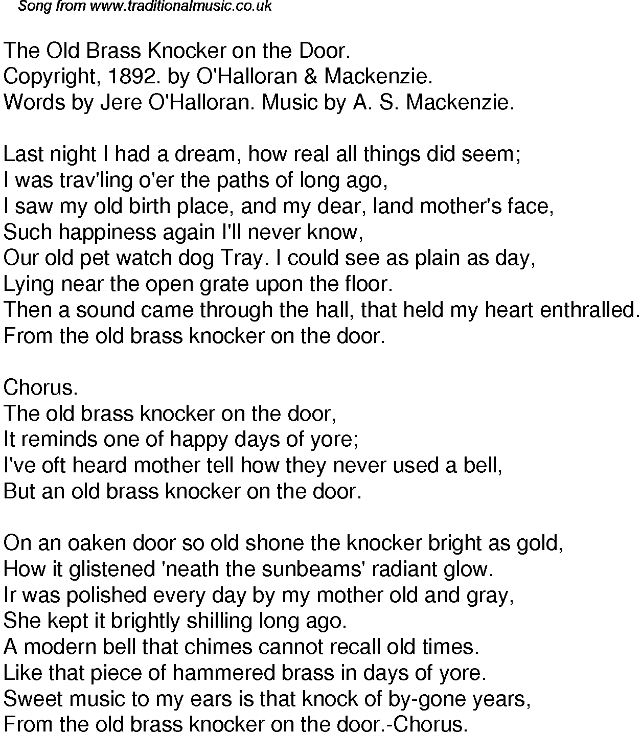 Old Time Song Lyrics for 43 The Old Brass Knocker On The Door